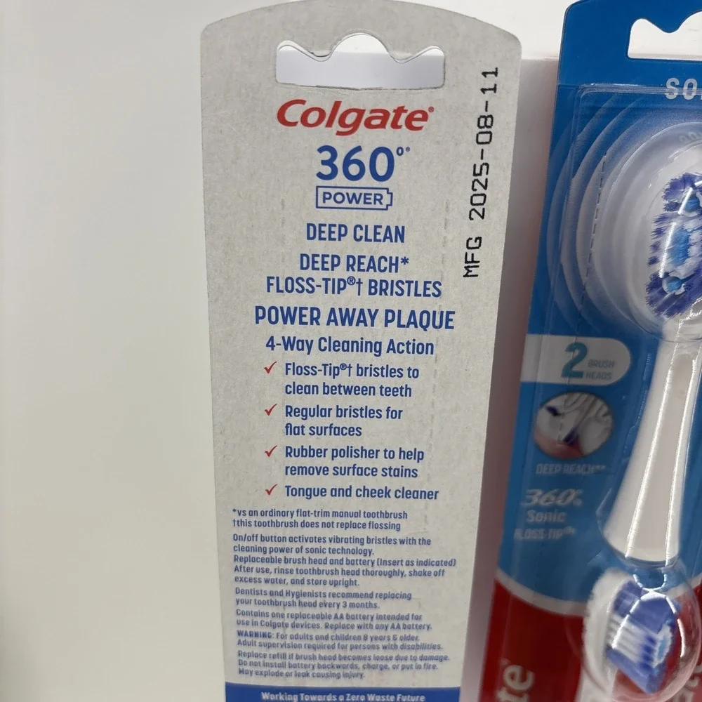 Colgate 360 Power Deep Clean Toothbrush & 6 Sonic Floss-Tip Brush Rep Heads Soft
